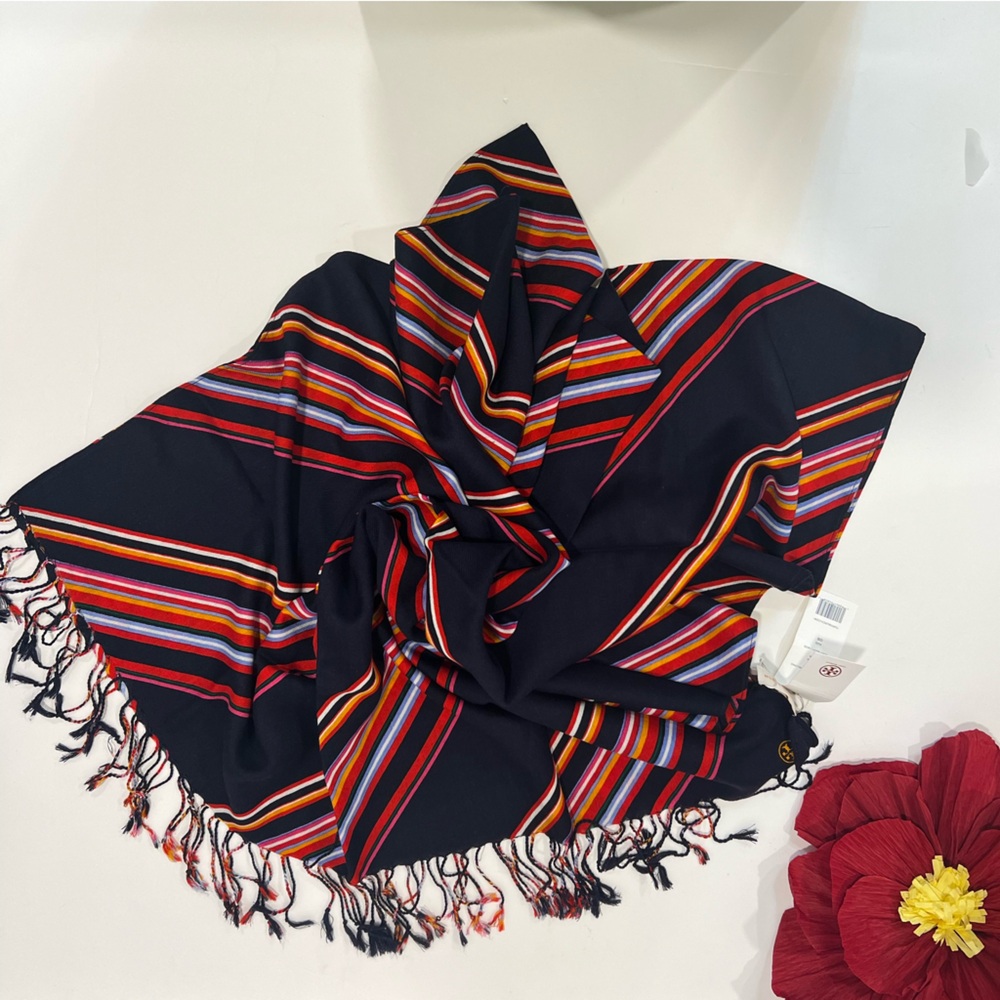 Tory Burch Vivid Stripe Oblong Scarf With Tassel In Tory Navy - Reemoly
